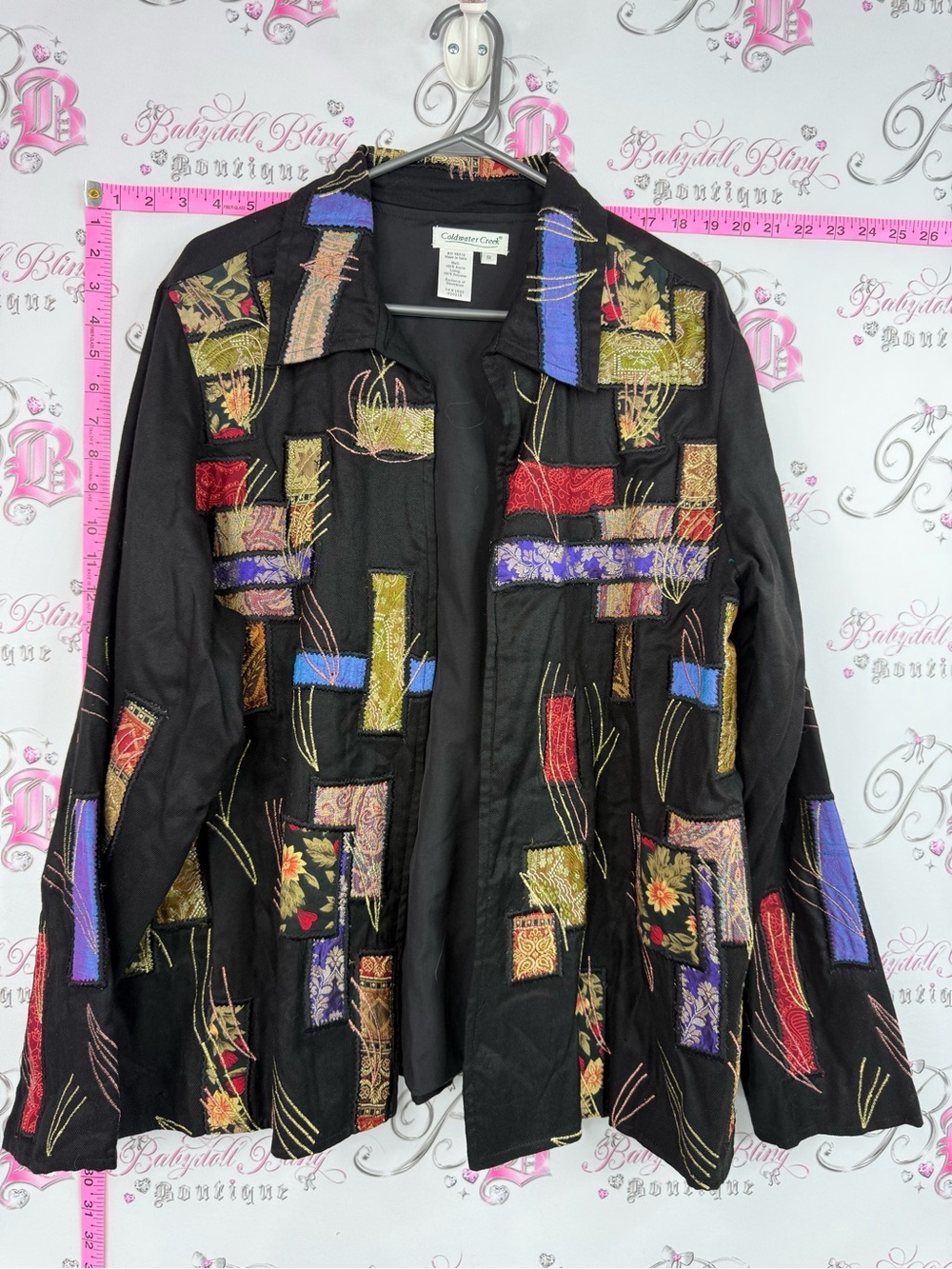 Coldwater Creek patch Black Patchwork Embroidered Jacket with Multicolor Accents